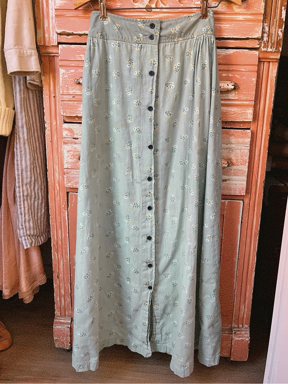 Vintage 70s KARAVAN India Cotton Dusty Blue Floral Button Up Maxi Skirt S